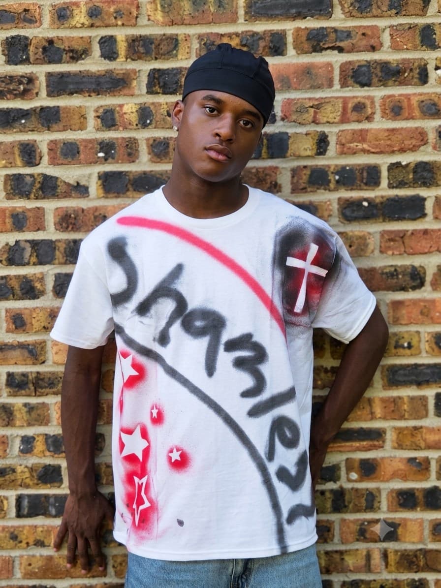 Design 04 — hand-sprayed tee, front
