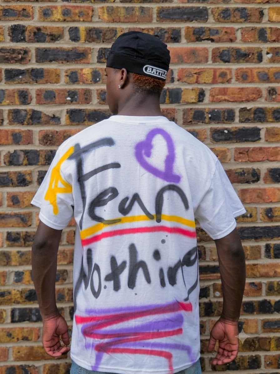 Design 09 — hand-sprayed tee, back