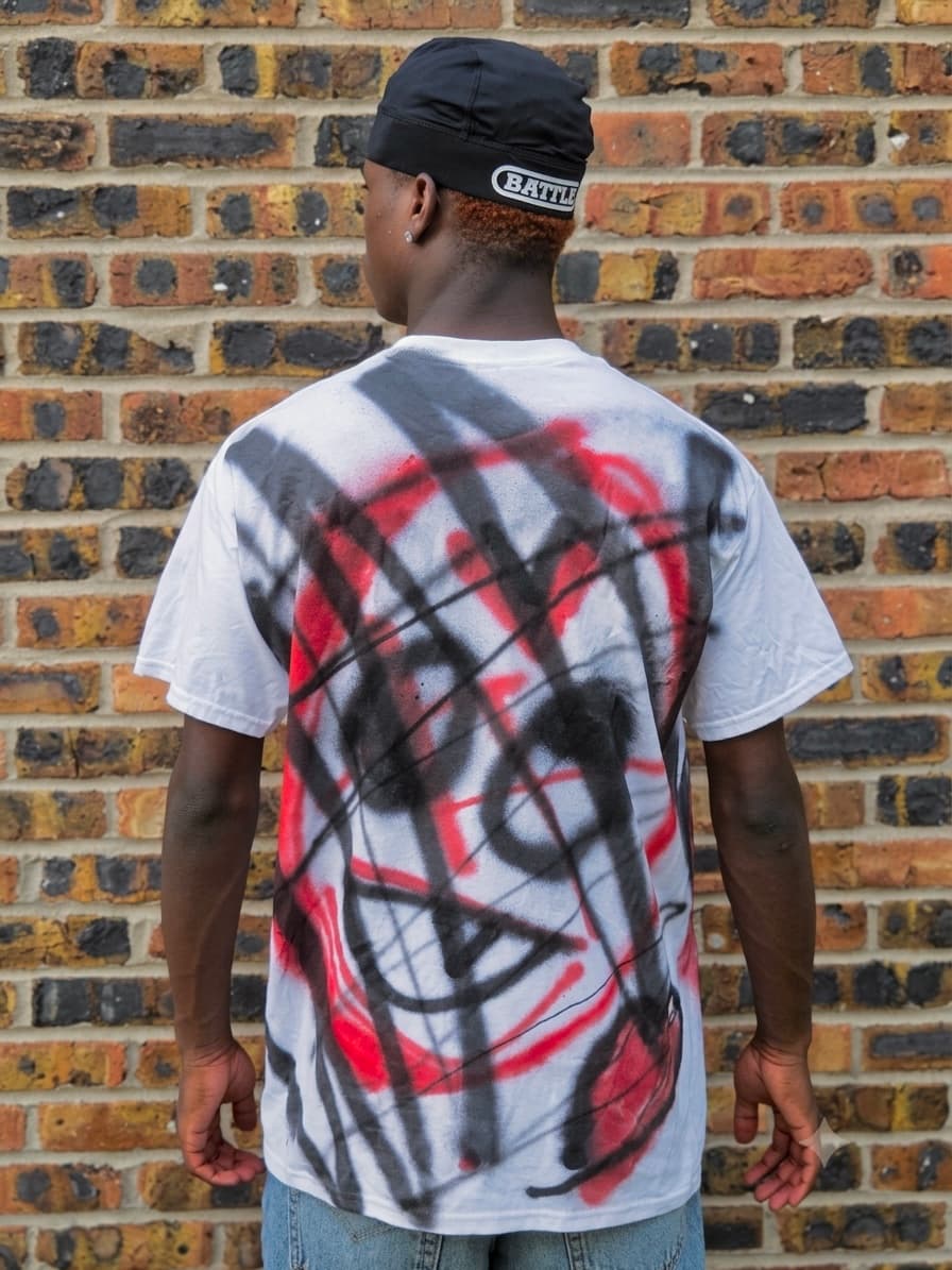 Design 10 — hand-sprayed tee, back