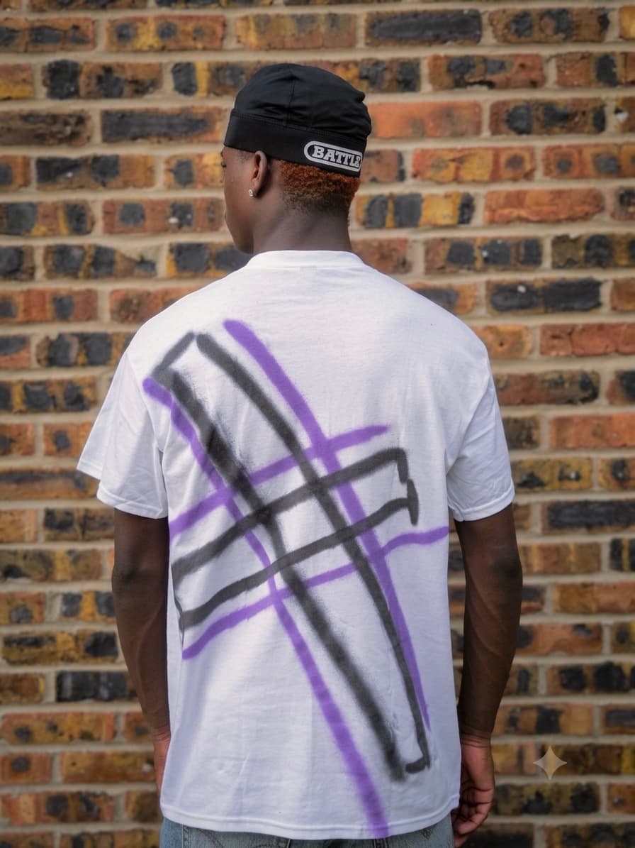 Design 11 — hand-sprayed tee, back