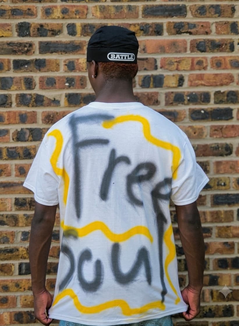 Design 12 — hand-sprayed tee, back